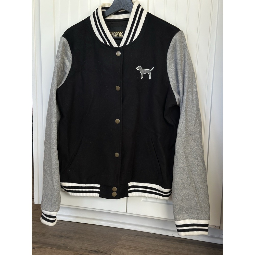 PINK Victoria's Secret 86 Varsity Jacket Black Gray Long Sleeve Women Size L